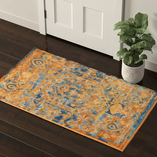 Teal And Gold Medallion Distressed Area Rug Photo 2