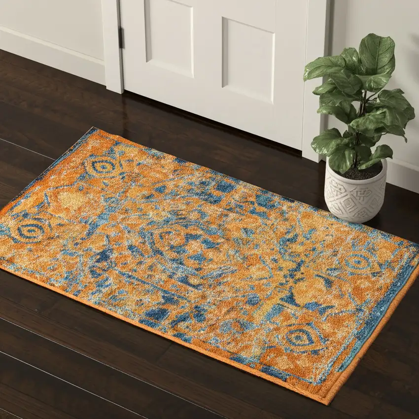 Teal And Gold Medallion Distressed Area Rug Photo 2