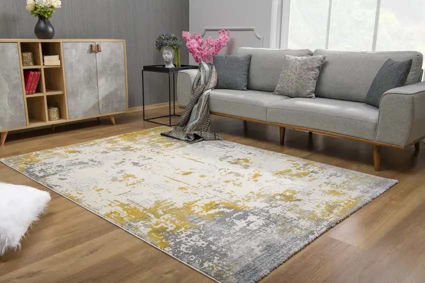Gold and Gray Abstract Area Rug Photo 8