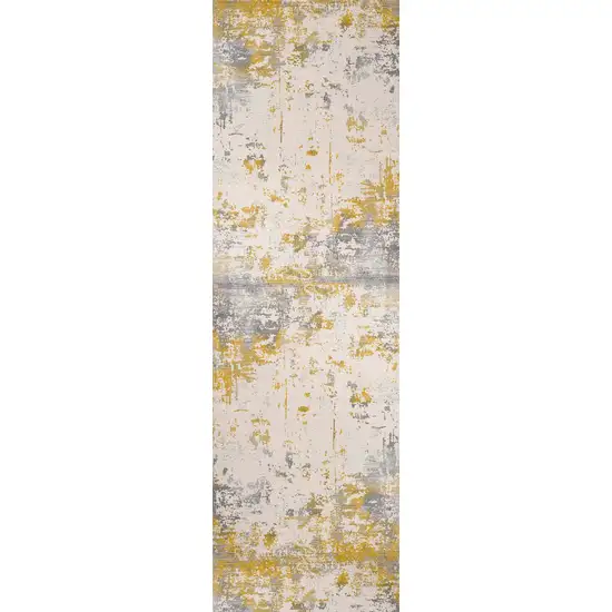 13' Gray And Gold Abstract Shag Runner Rug Photo 5
