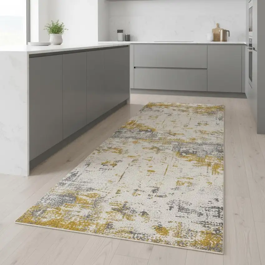 8' Gold Abstract Dhurrie Runner Rug Photo 1