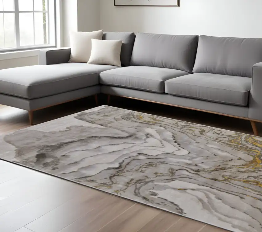 Gold Ivory And Gray Abstract Area Rug Photo 1