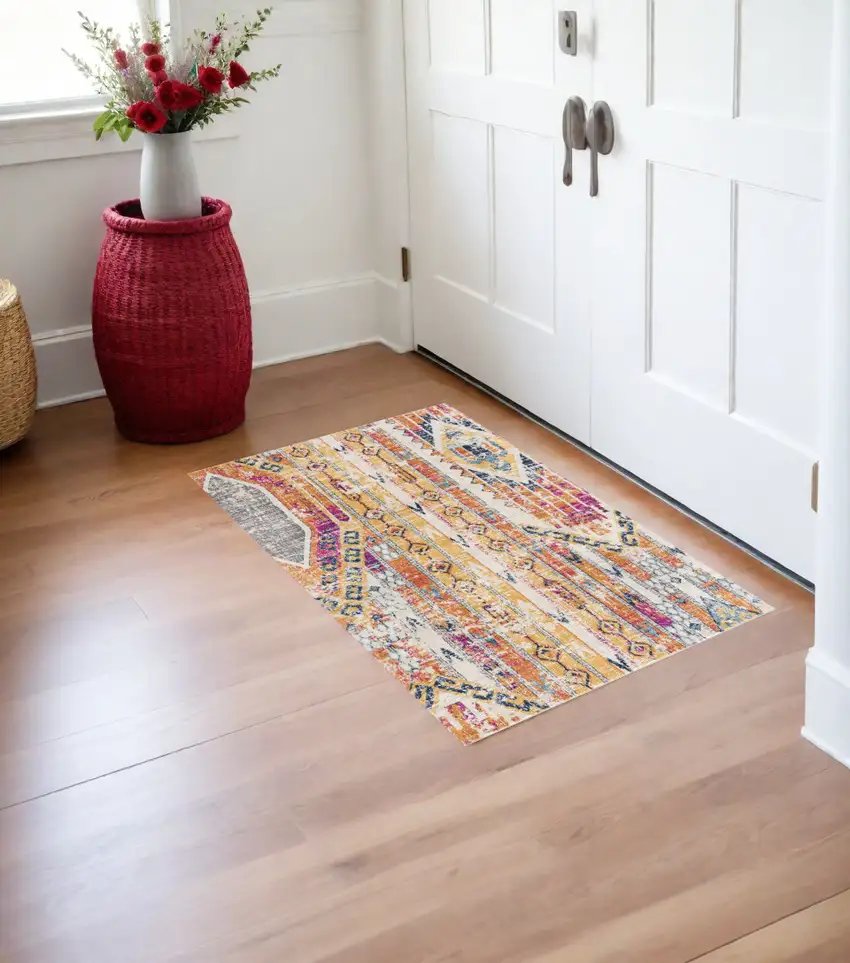 Orange And Ivory Southwestern Dhurrie Area Rug Photo 1