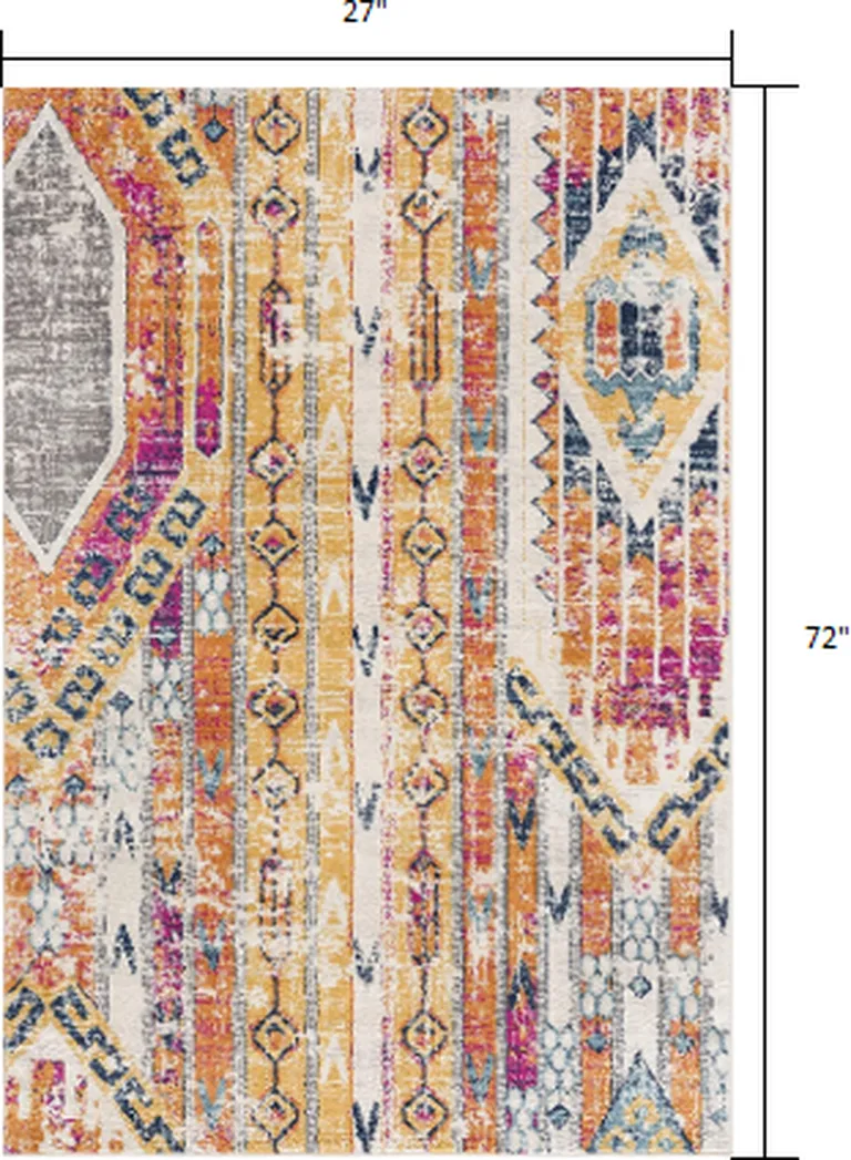 Gold and Ivory Distressed Tribal Area Rug Photo 2