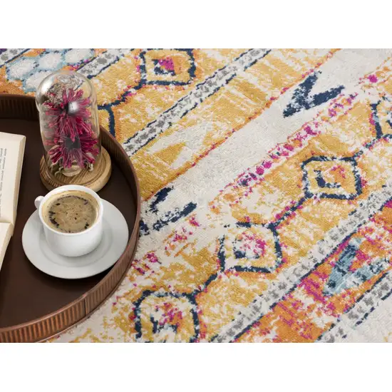 Gold and Ivory Distressed Tribal Area Rug Photo 4