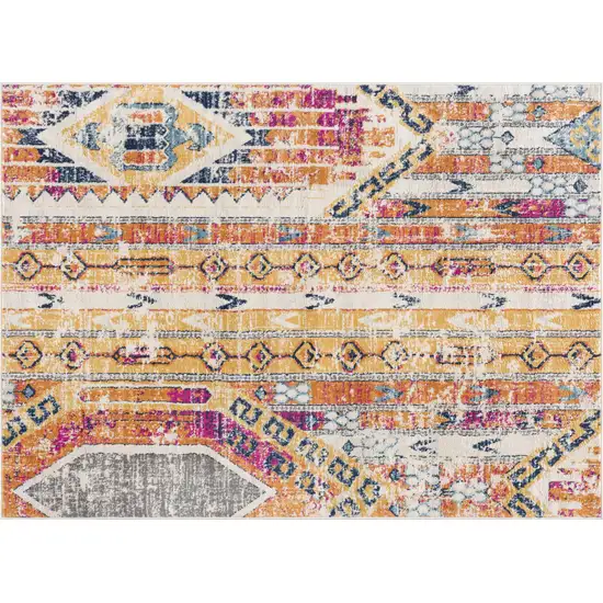 Gold and Ivory Distressed Tribal Area Rug Photo 8