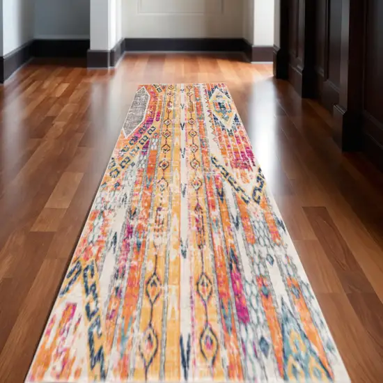 10' Gold And Ivory Southwestern Runner Rug Photo 1