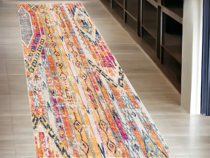 Orange And Ivory Southwestern Dhurrie Runner Rug Photo 1