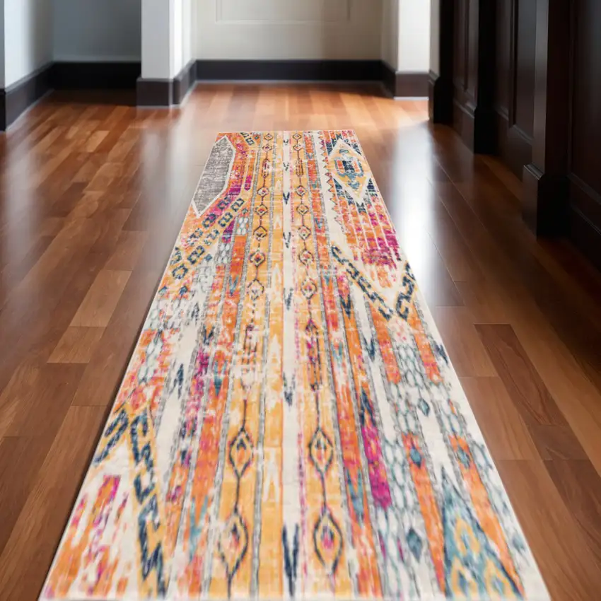 15' Gold And Ivory Southwestern Runner Rug Photo 1