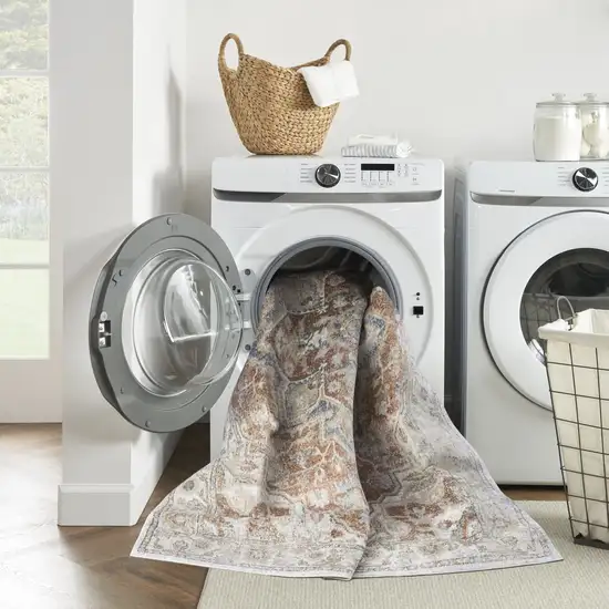 12' Gold And Ivory Oriental Washable Runner Rug Photo 6