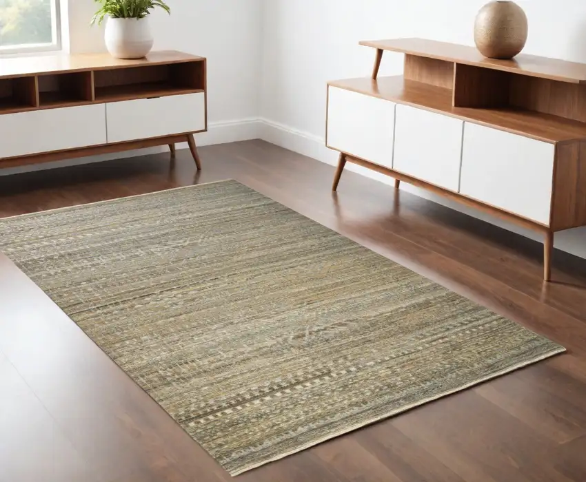 Gold and Tan Geometric Hand Knotted Worn Faded Area Rug Photo 2