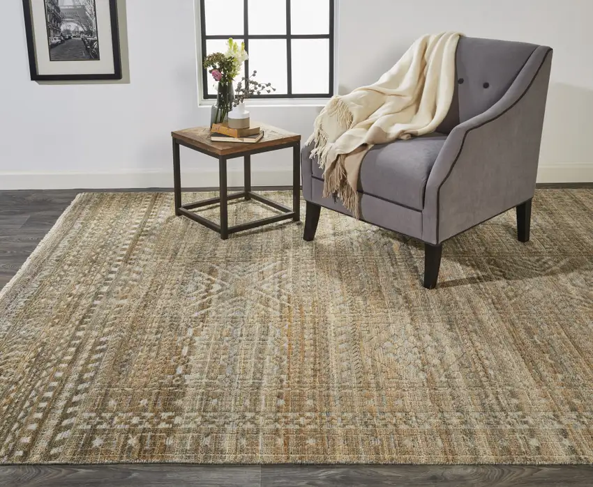 Gold and Tan Geometric Hand Knotted Worn Faded Area Rug Photo 9
