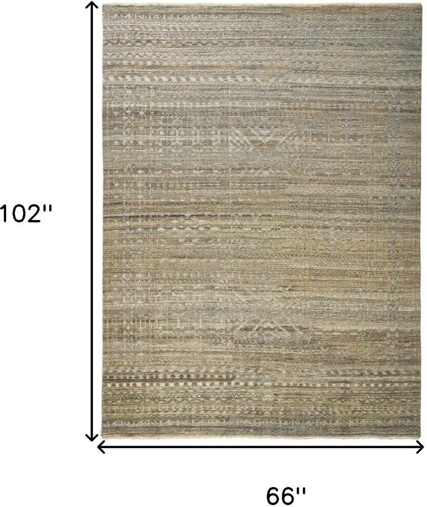 Gold and Tan Geometric Hand Knotted Worn Faded Area Rug Photo 9