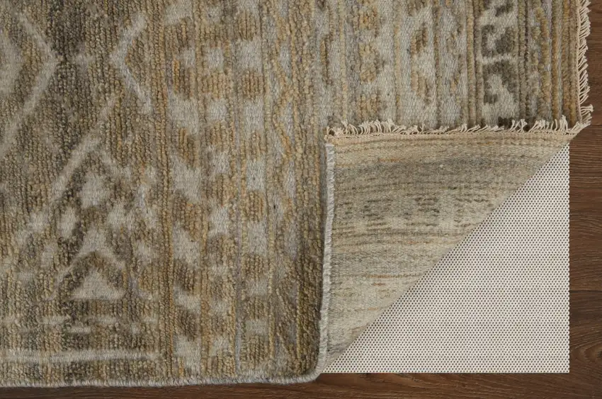 Gold and Tan Geometric Hand Knotted Worn Faded Area Rug Photo 8