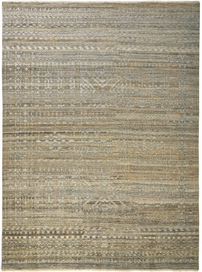 Gold and Tan Geometric Hand Knotted Worn Faded Area Rug Photo 1