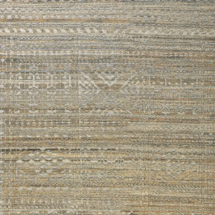 Gold and Tan Geometric Hand Knotted Worn Faded Area Rug Photo 7