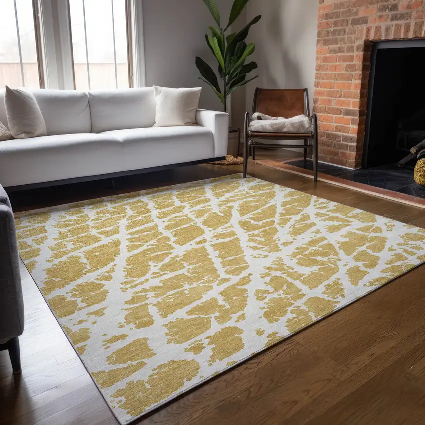 Gold and White Abstract Washable Non Skid Indoor Outdoor Area Rug Photo 9