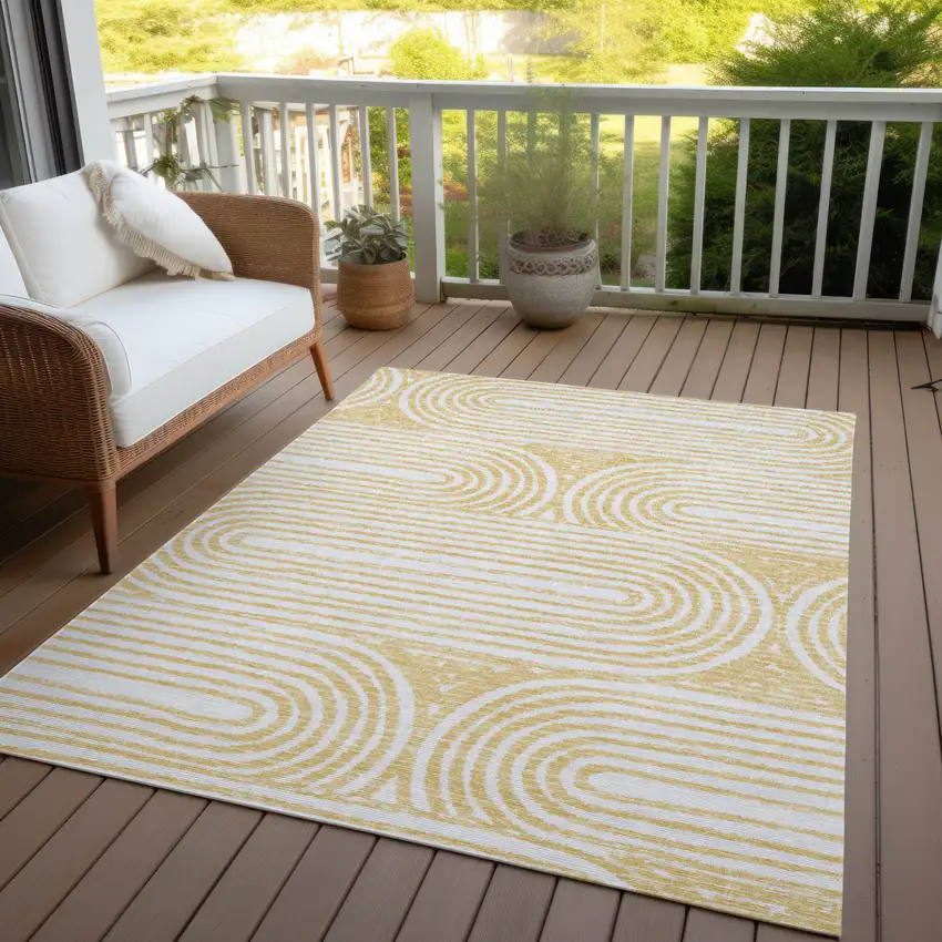 Gold And White Abstract Washable Indoor Outdoor Area Rug Photo 7