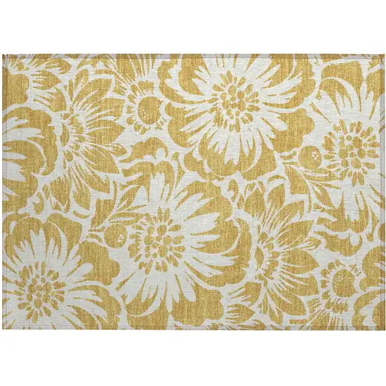 Gold and White Floral Washable Non Skid Indoor Outdoor Area Rug Photo 2