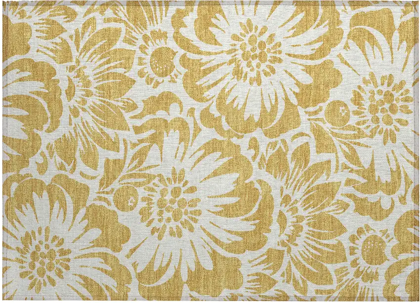 Gold and White Floral Washable Non Skid Indoor Outdoor Area Rug Photo 2
