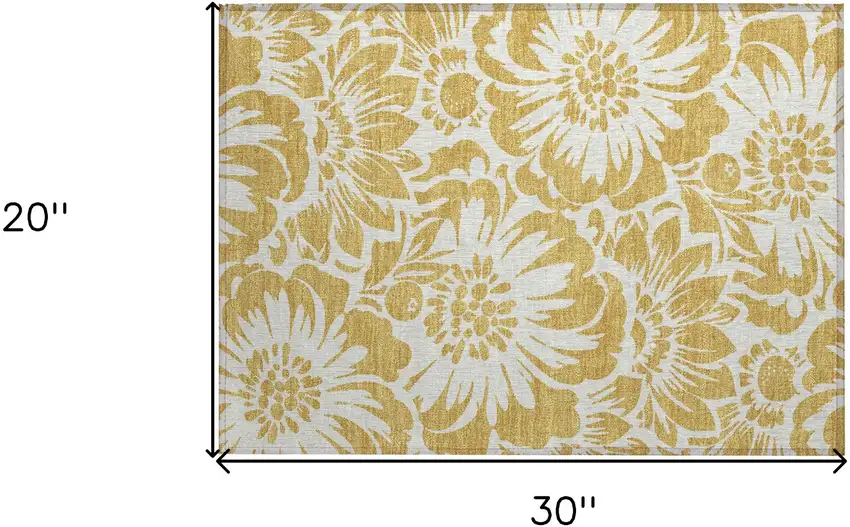 Gold and White Floral Washable Non Skid Indoor Outdoor Area Rug Photo 3