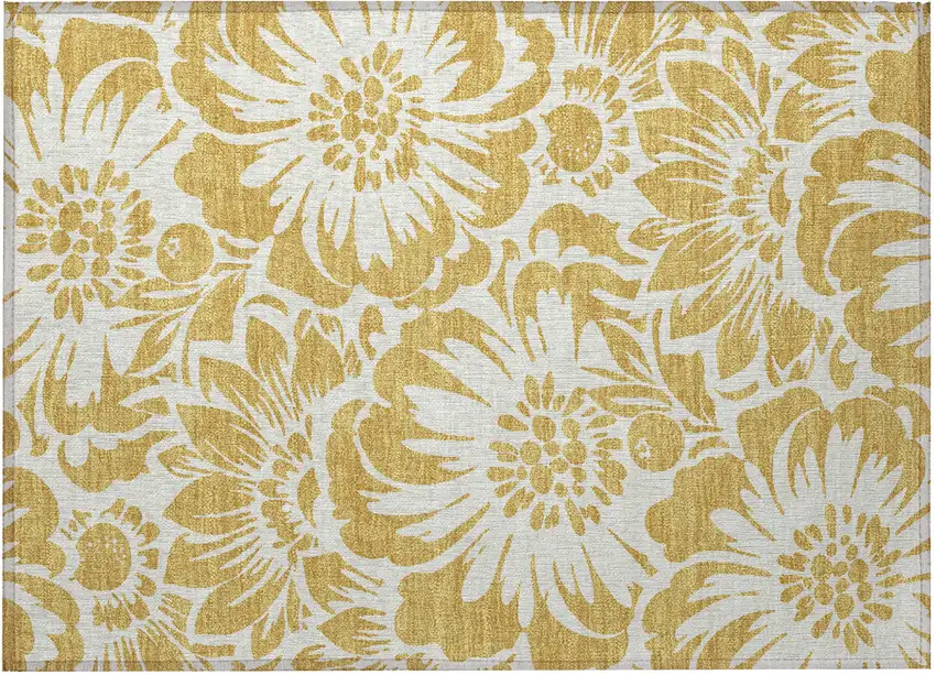 Gold and White Floral Washable Non Skid Indoor Outdoor Area Rug Photo 4