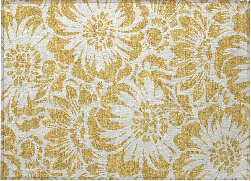 Gold and White Floral Washable Non Skid Indoor Outdoor Area Rug Photo 4