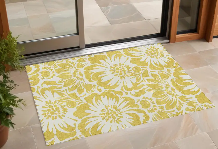 Gold and White Floral Washable Non Skid Indoor Outdoor Area Rug Photo 1