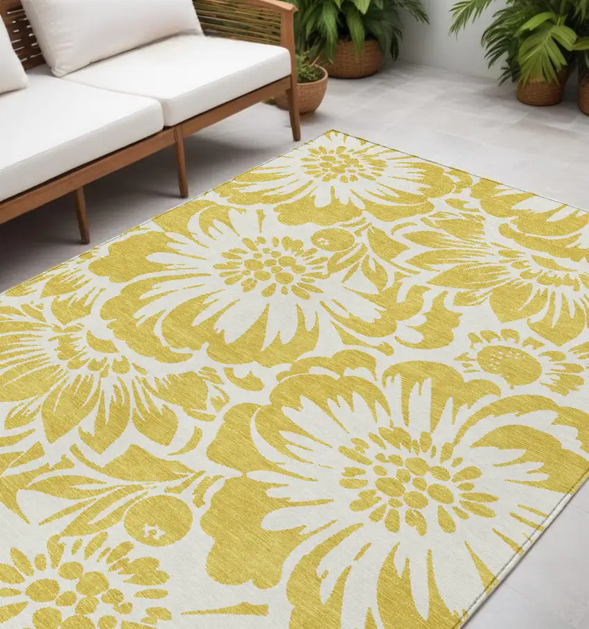 Gold and White Floral Washable Non Skid Indoor Outdoor Area Rug Photo 1