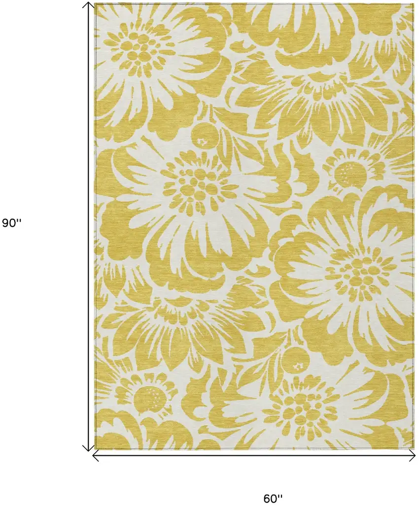 Gold and White Floral Washable Non Skid Indoor Outdoor Area Rug Photo 3