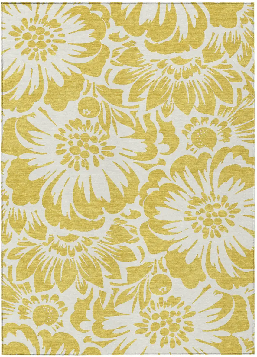 Gold and White Floral Washable Non Skid Indoor Outdoor Area Rug Photo 2