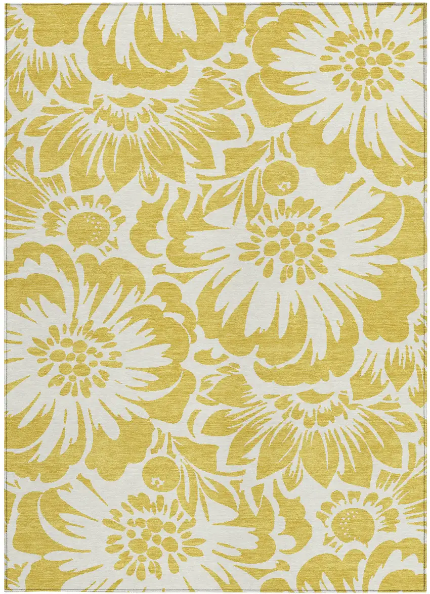 Gold and White Floral Washable Non Skid Indoor Outdoor Area Rug Photo 4