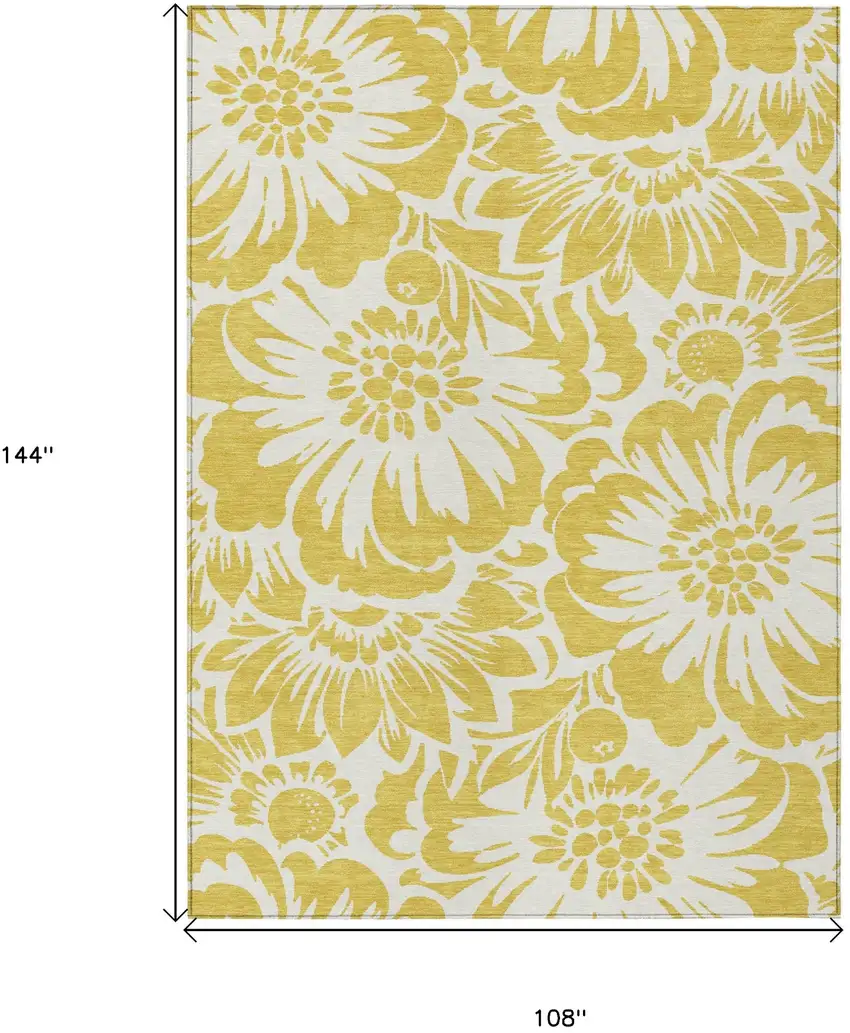 Gold and White Floral Washable Non Skid Indoor Outdoor Area Rug Photo 3