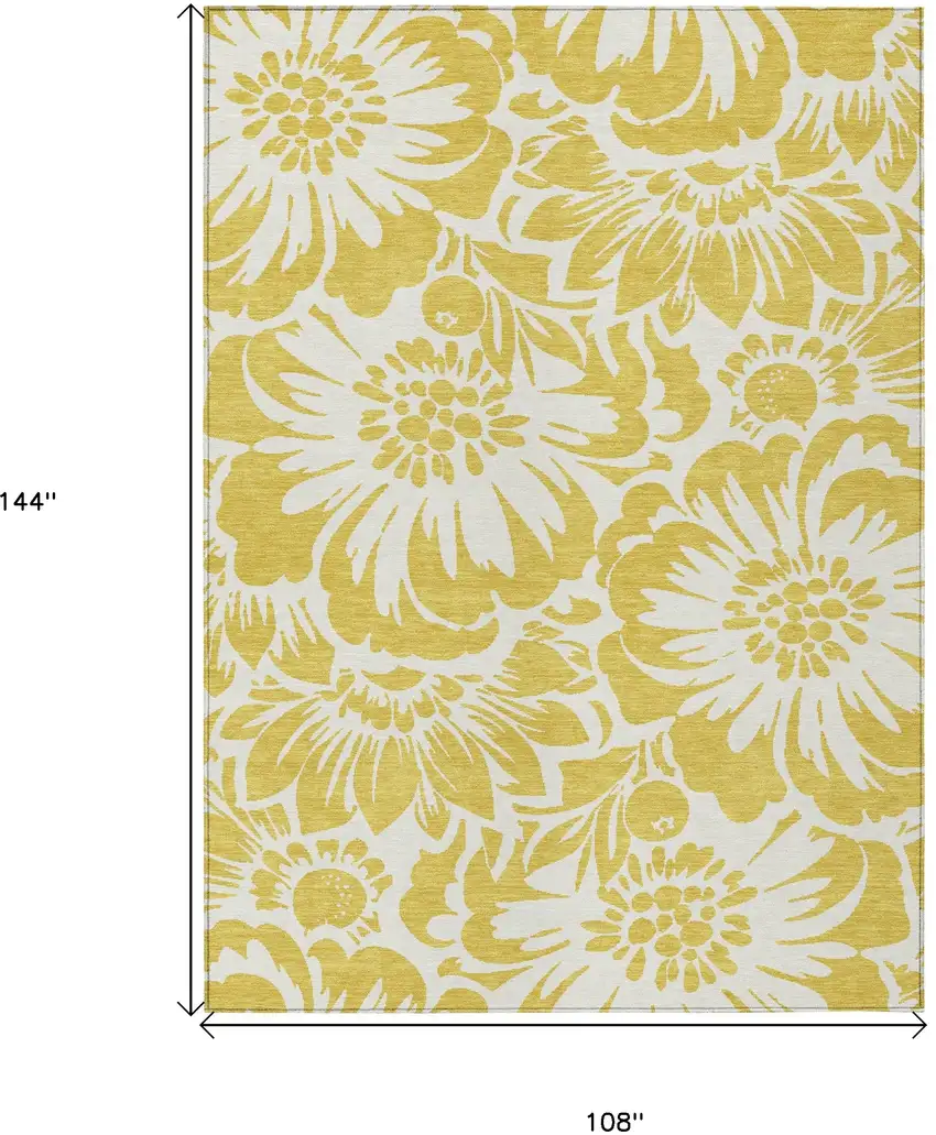 Gold and White Floral Washable Non Skid Indoor Outdoor Area Rug Photo 3