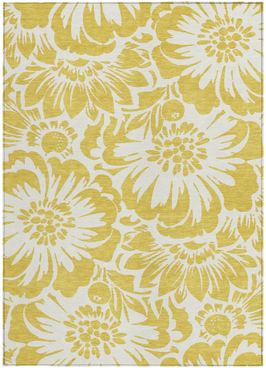Gold and White Floral Washable Non Skid Indoor Outdoor Area Rug Photo 3