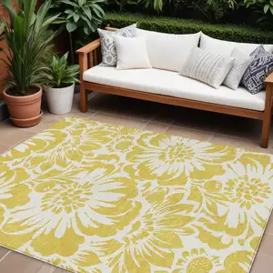 Photo of Gold and White Floral Washable Non Skid Indoor Outdoor Area Rug