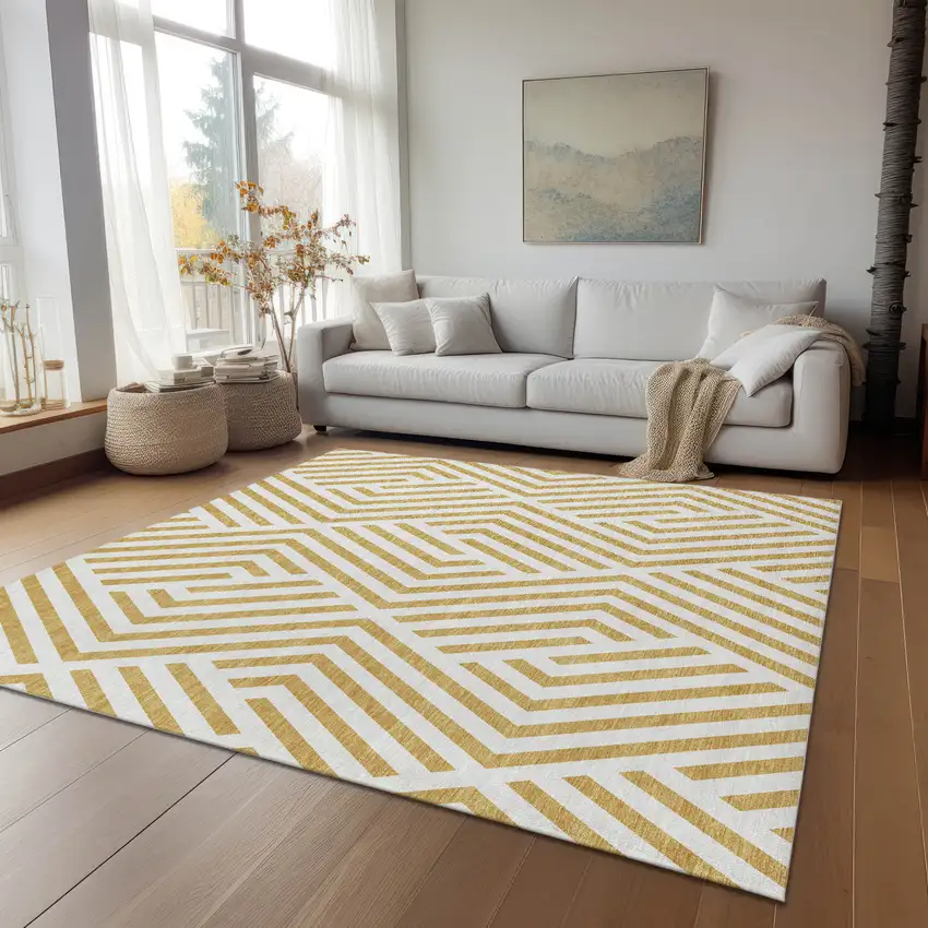 Gold And White Geometric Washable Indoor Outdoor Area Rug Photo 9