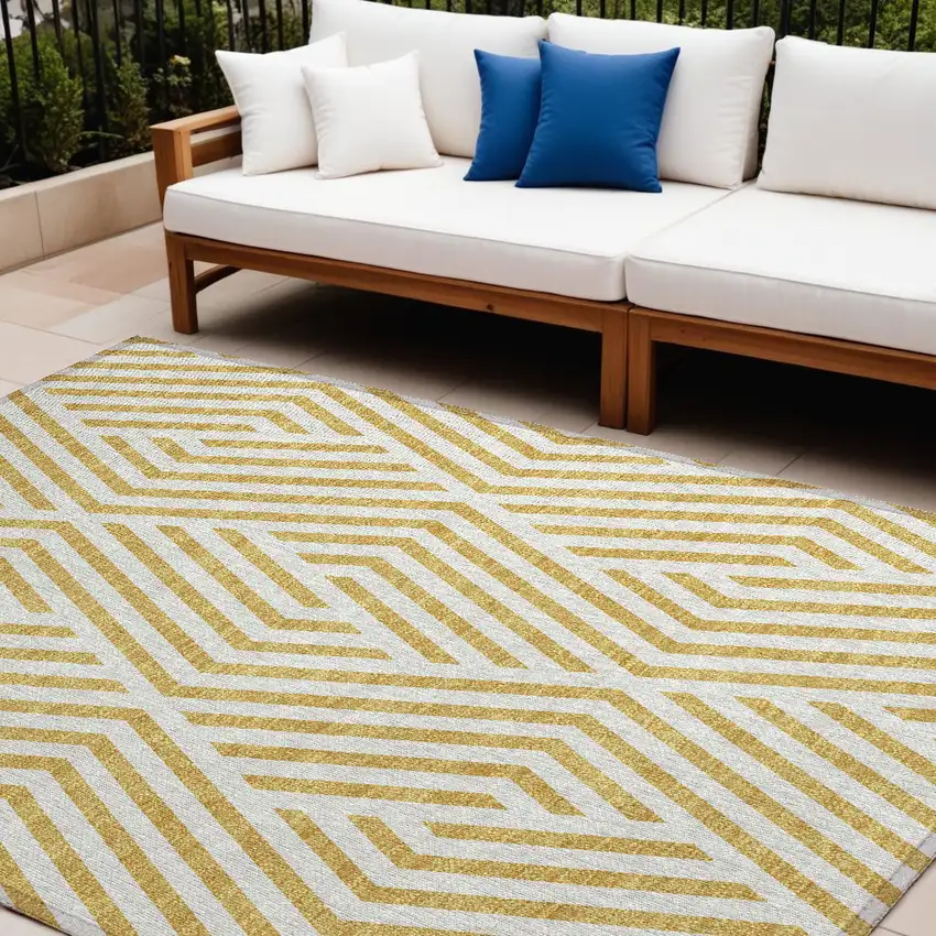Gold and White Geometric Washable Non Skid Indoor Outdoor Area Rug Photo 1