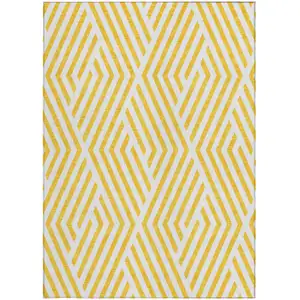 Photo of Gold and White Geometric Washable Non Skid Indoor Outdoor Area Rug