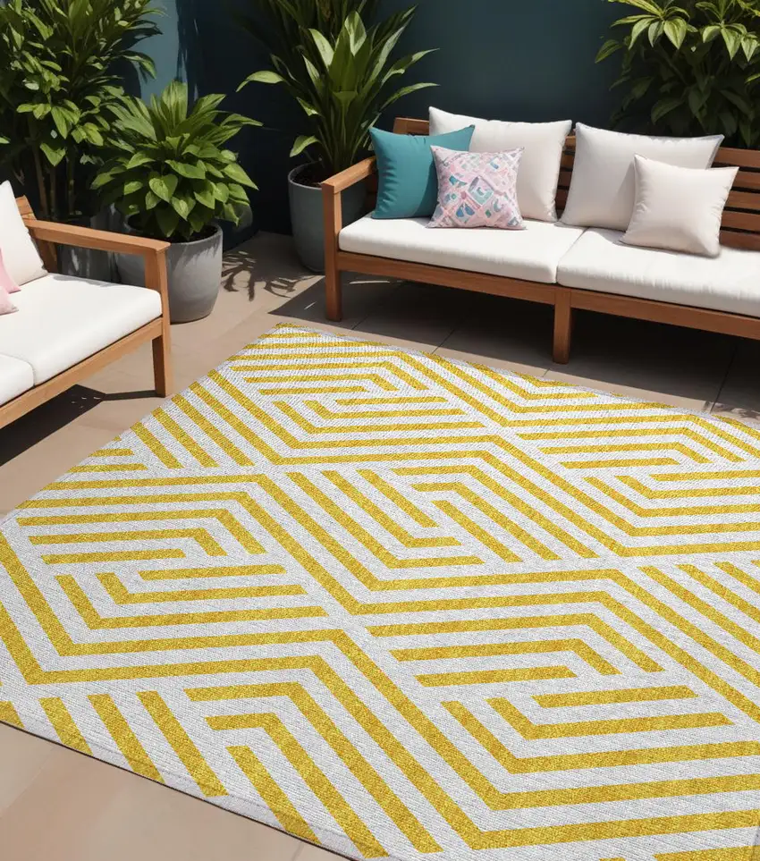 Gold and White Geometric Washable Non Skid Indoor Outdoor Area Rug Photo 1