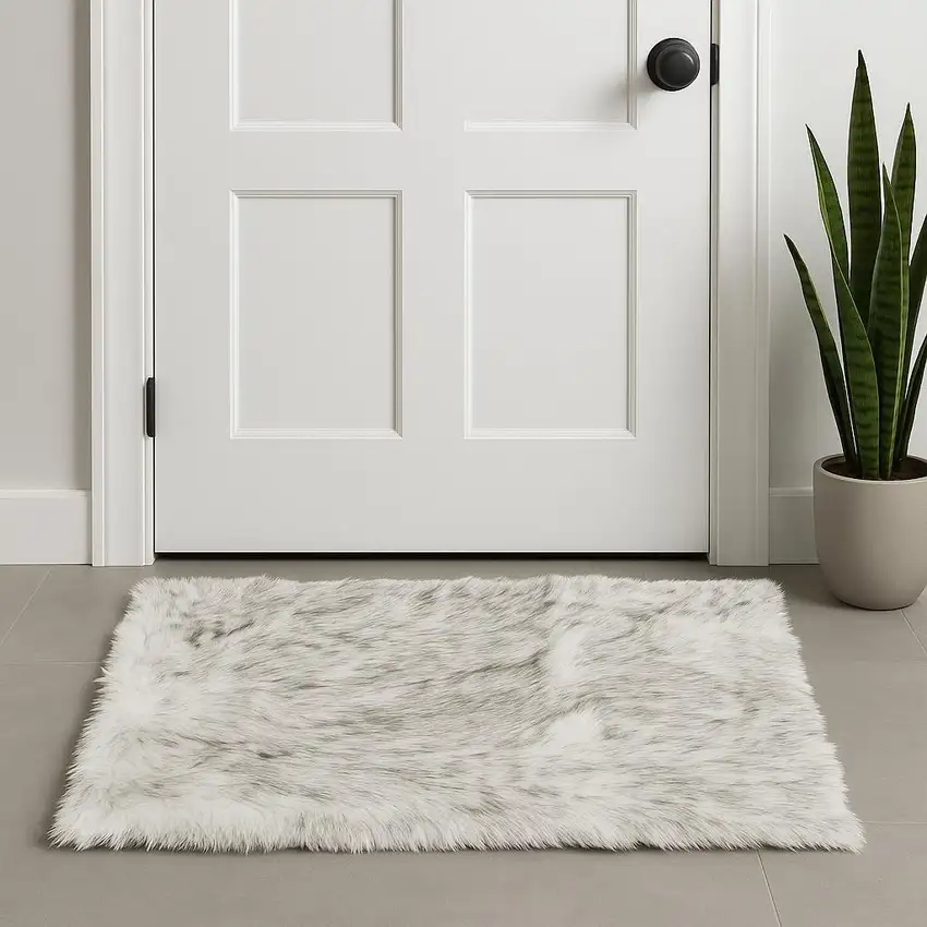 Gray And Ivory Faux Fur Area Rug Photo 1