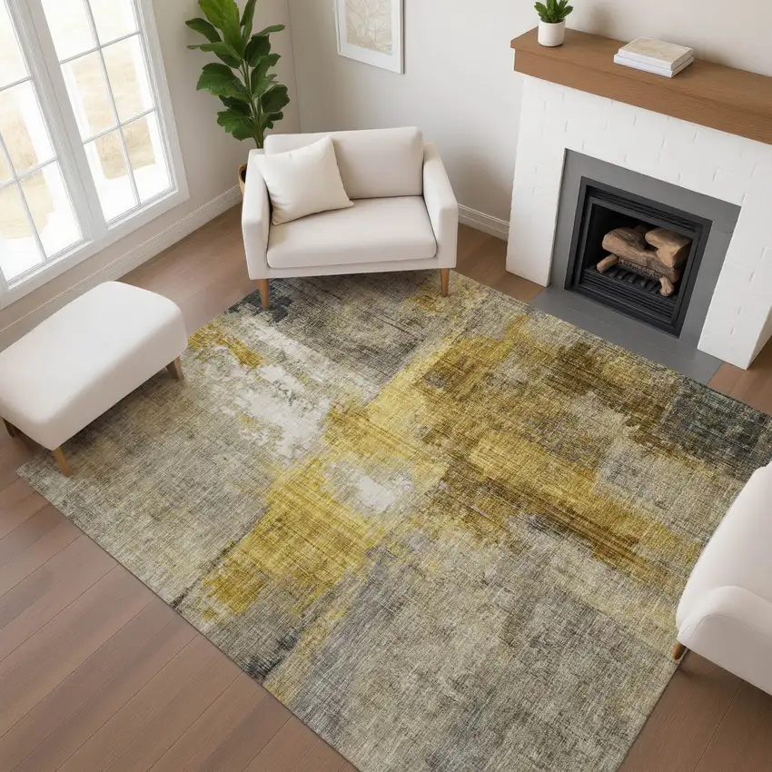 Granite Gray And Gold Abstract Washable Area Rug With UV Protection Photo 2