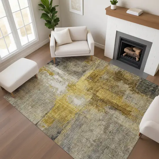 Granite Gray And Gold Abstract Washable Area Rug With UV Protection Photo 2