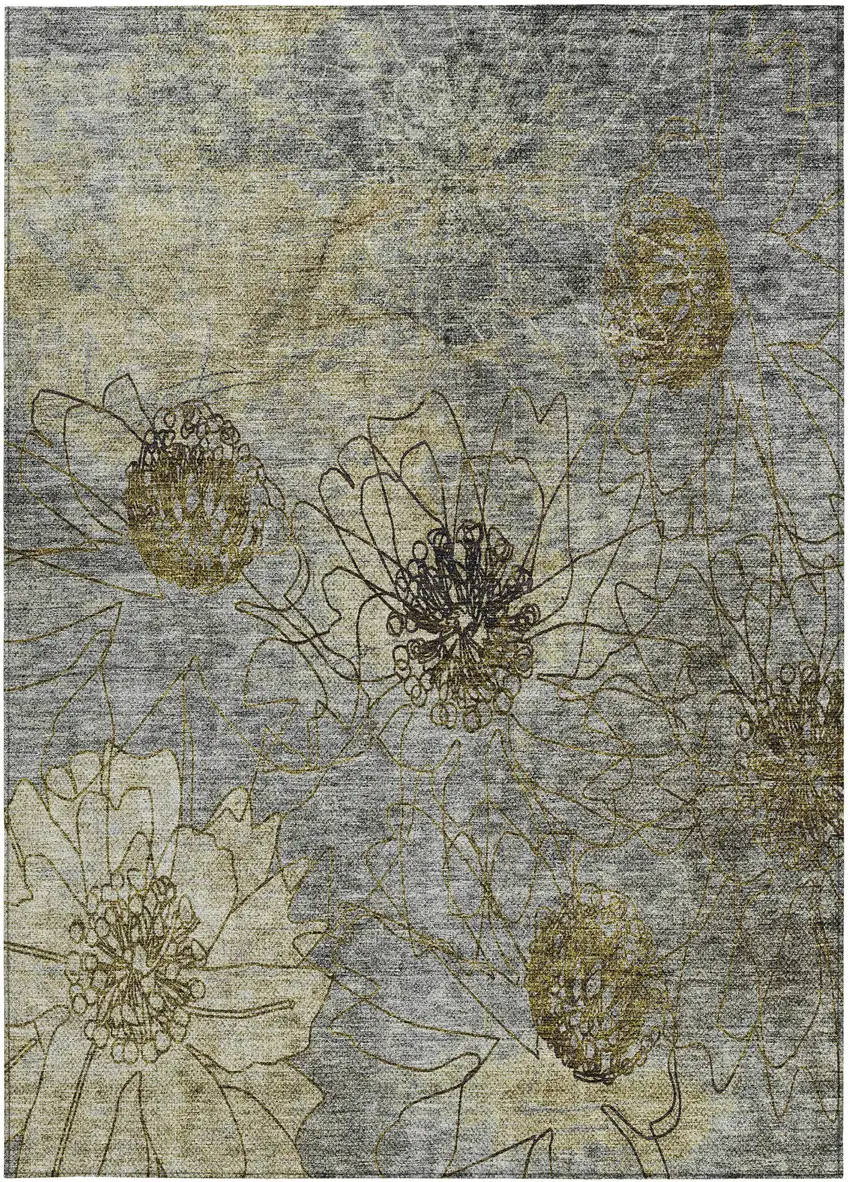Granite Gray And Gold Floral Washable Indoor Outdoor Area Rug Photo 5