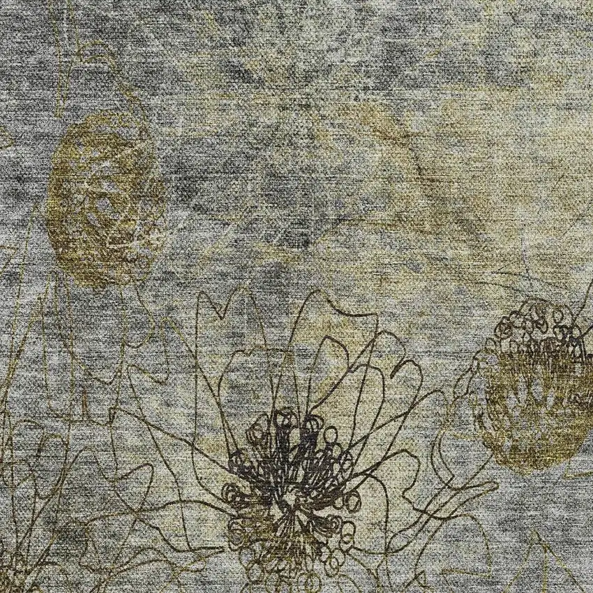 Granite Gray And Gold Floral Washable Indoor Outdoor Area Rug Photo 6