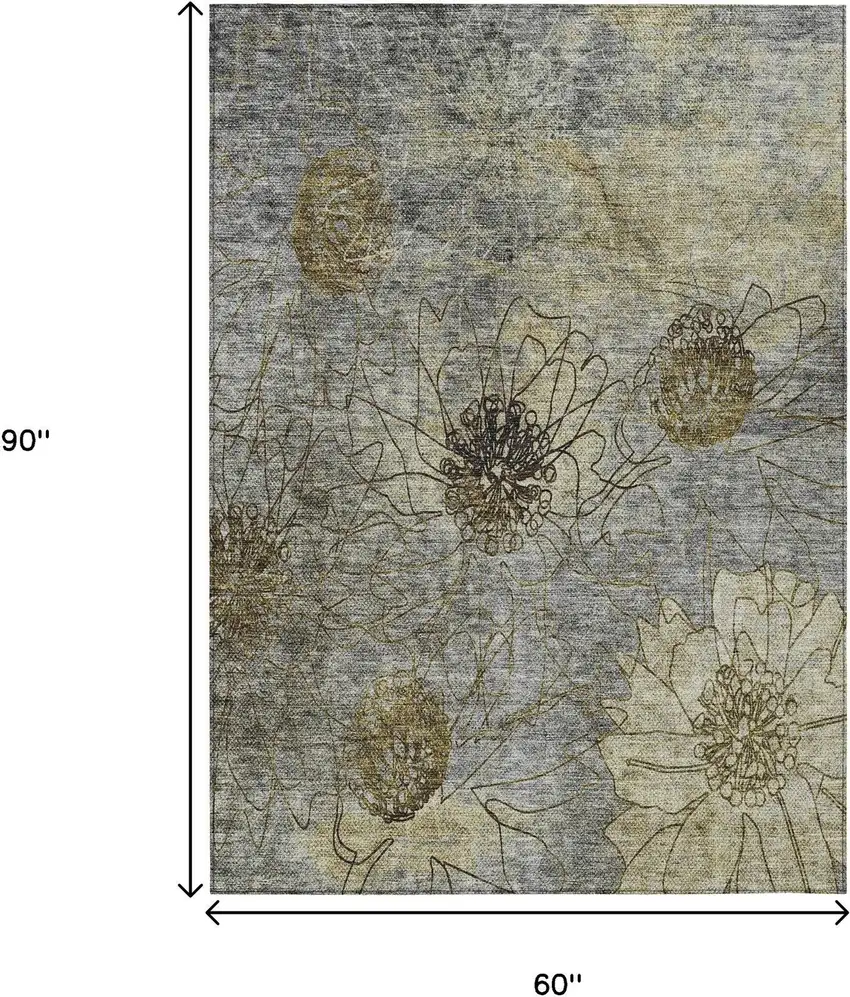 Granite Gray And Gold Floral Washable Indoor Outdoor Area Rug Photo 3