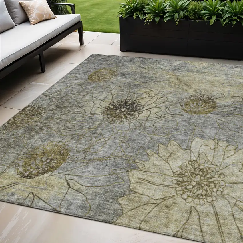 Granite Gray And Gold Floral Washable Indoor Outdoor Area Rug Photo 1