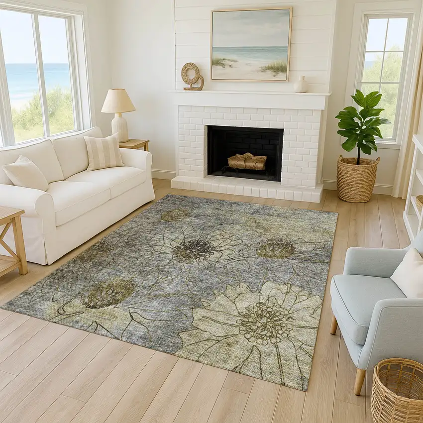 Granite Gray And Gold Floral Washable Indoor Outdoor Area Rug Photo 8