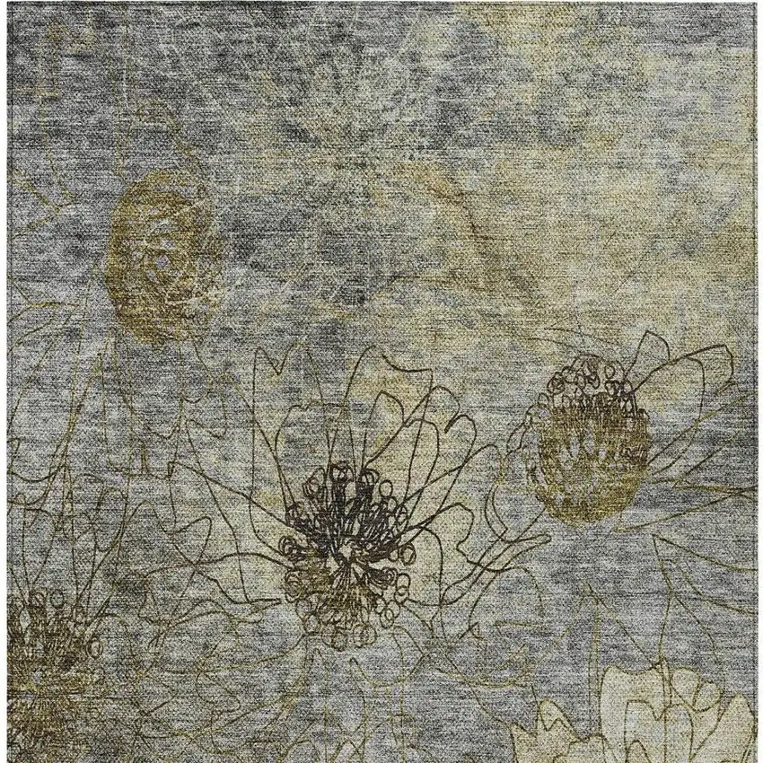 Granite Gray And Gold Floral Washable Indoor Outdoor Area Rug Photo 2
