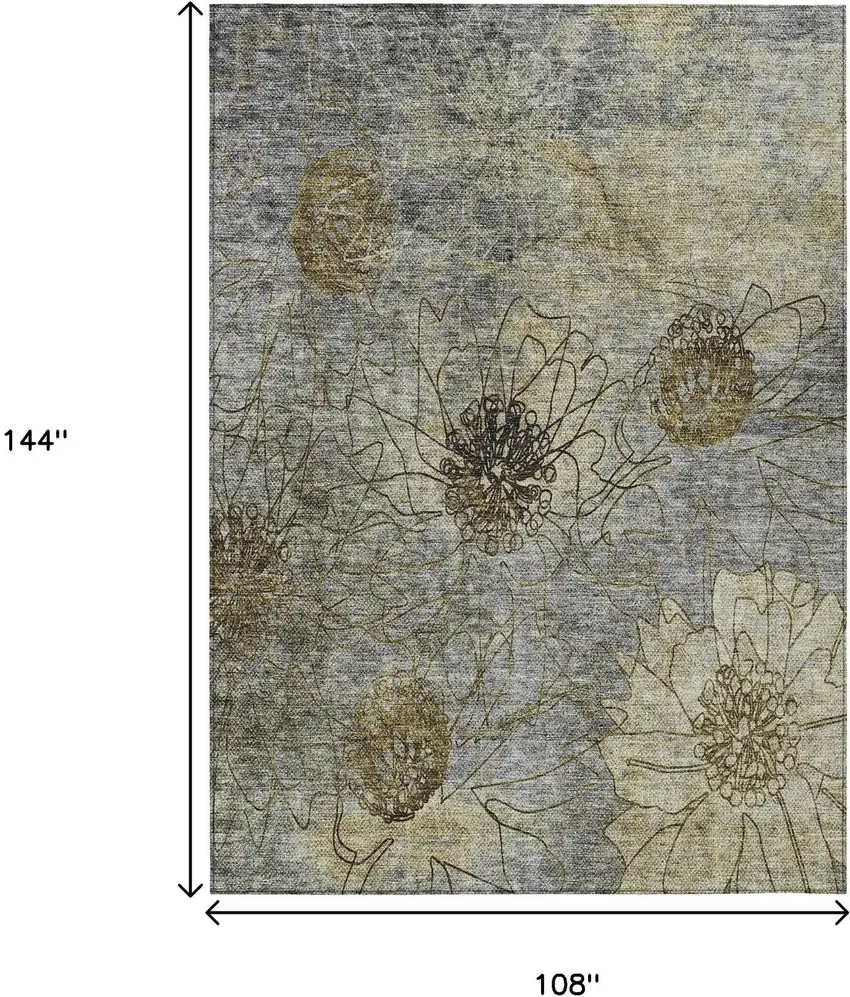 Granite Gray And Gold Floral Washable Indoor Outdoor Area Rug Photo 3